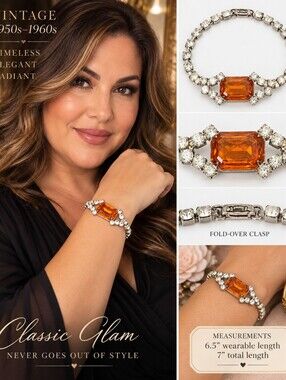 Vintage 1950s 60s Amber Topaz Glass Rhinestone Bracelet Silver Tone Glam